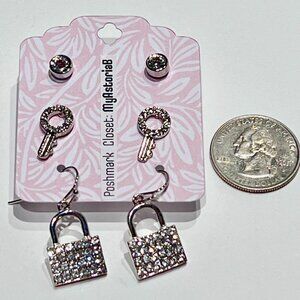 3 Pairs of Earrings Silver Tone Stud, Lock‎ and Key NWOT